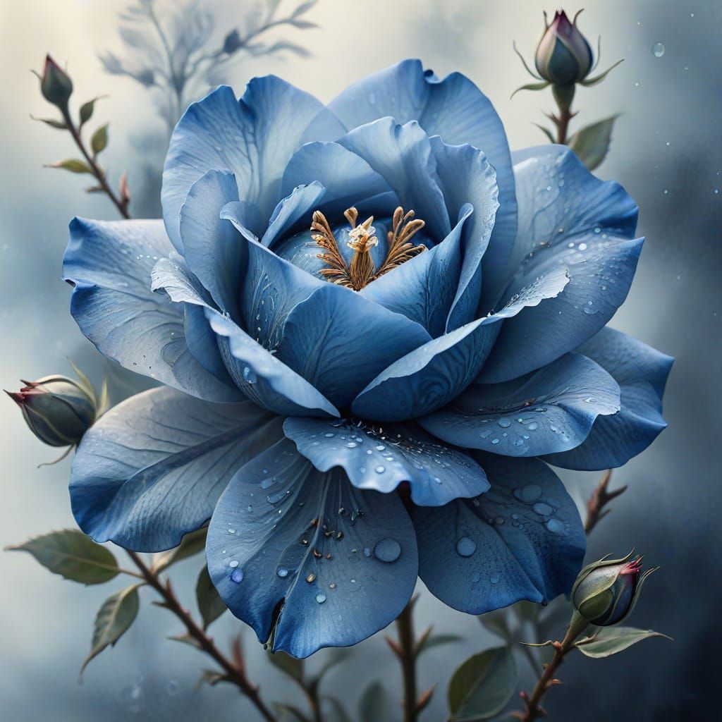 Ethereal Blue Tea-Rose Blossom Watercolor Painting