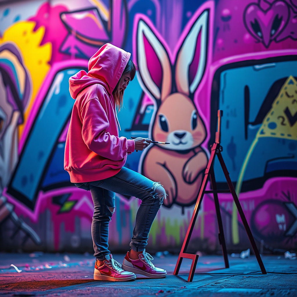 Graffiti Artist Paints Rabbit Mural in Dreamlike Neon Style