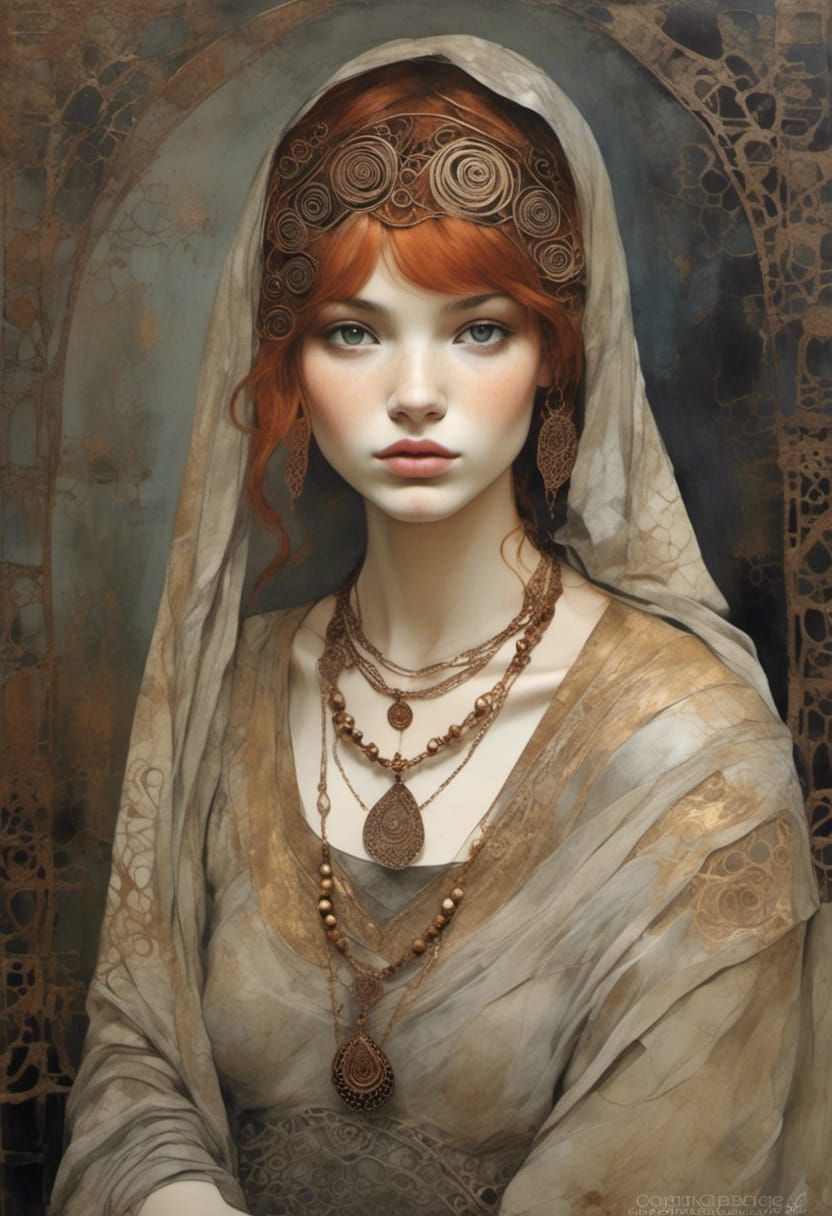 Veiled Woman with Copper Jewelry and Filigree