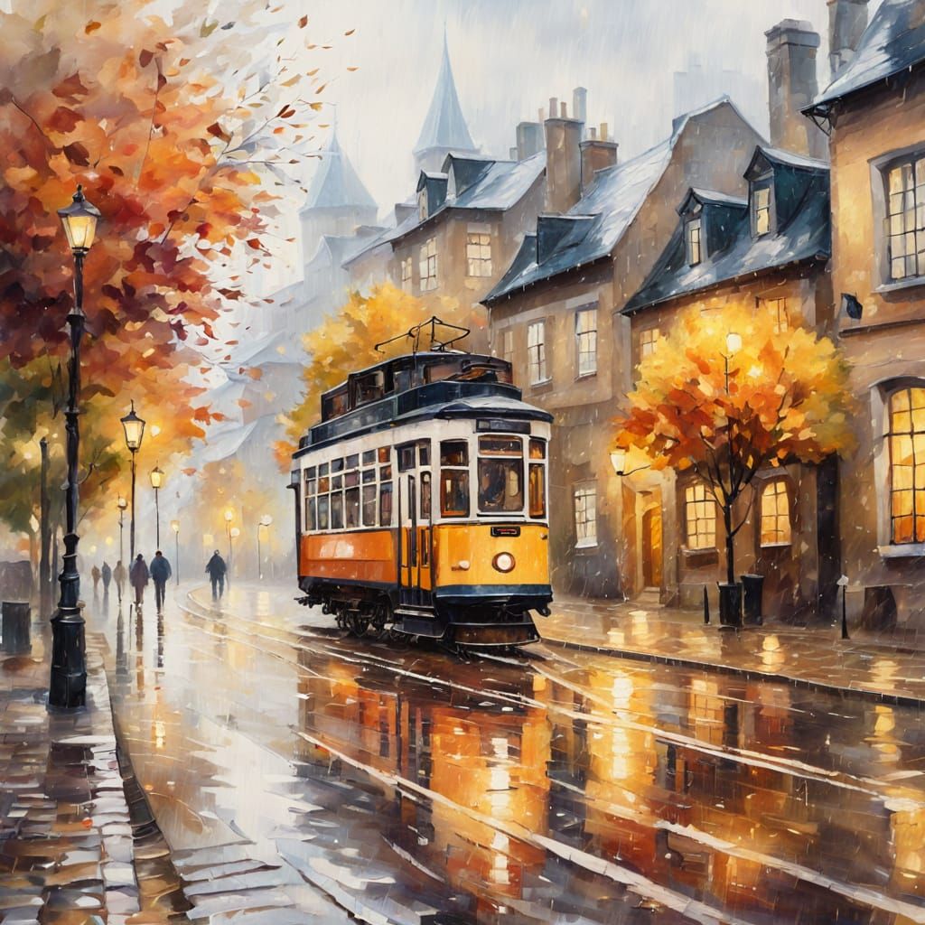 Cozy Village Tram in Rainy Autumn: Impressionist Painting