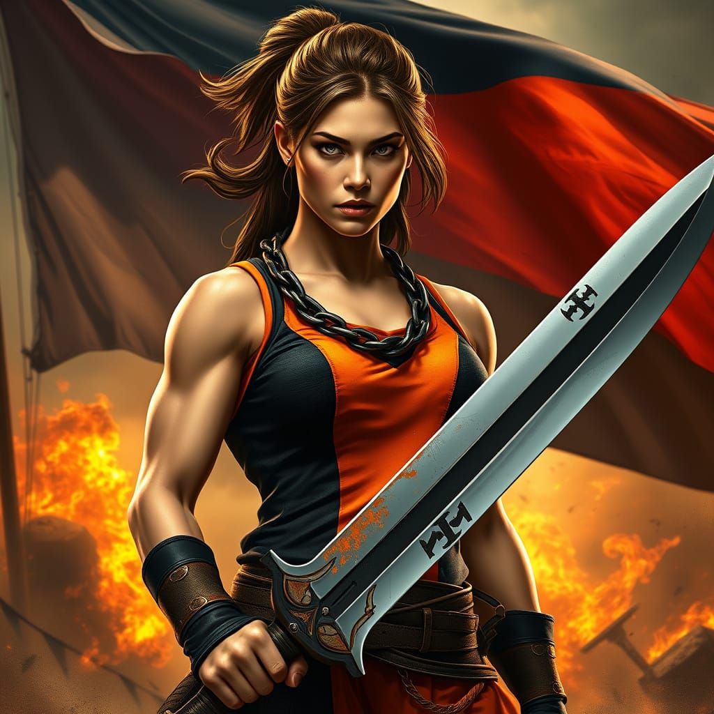Strong Female Warrior in Battle Ready Pose with Vibrant Oran...