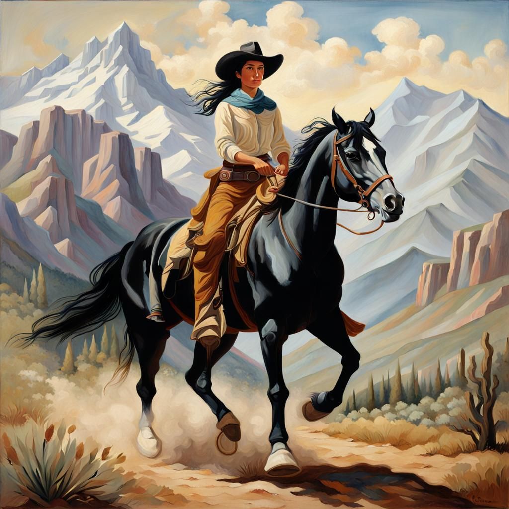 Black-Haired Cowgirl on Palomino Horse, Oil Painting