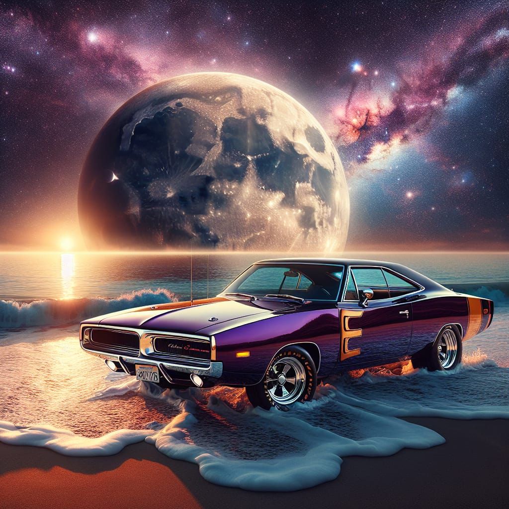1973 Dodge Charger on Beach Under Astral Moon