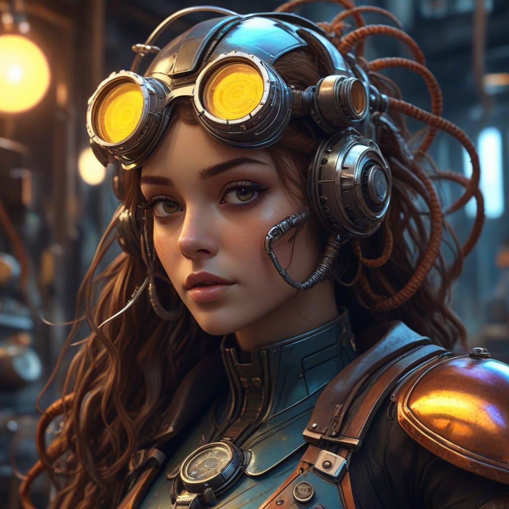 Ethereal Alien Inventress in Neon Steampunk Laboratory