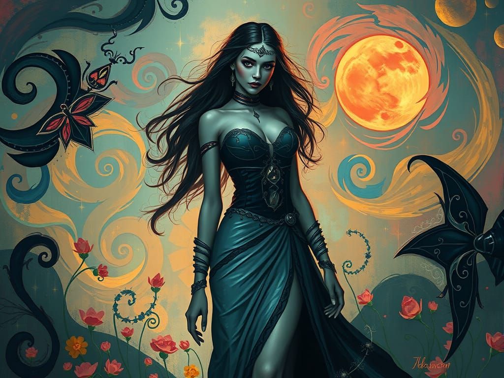 Gothic Woman Emerges from Whimsical Darkness