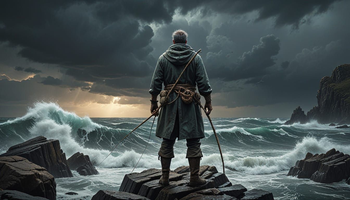 Fisherman Casting Line into Stormy Sea