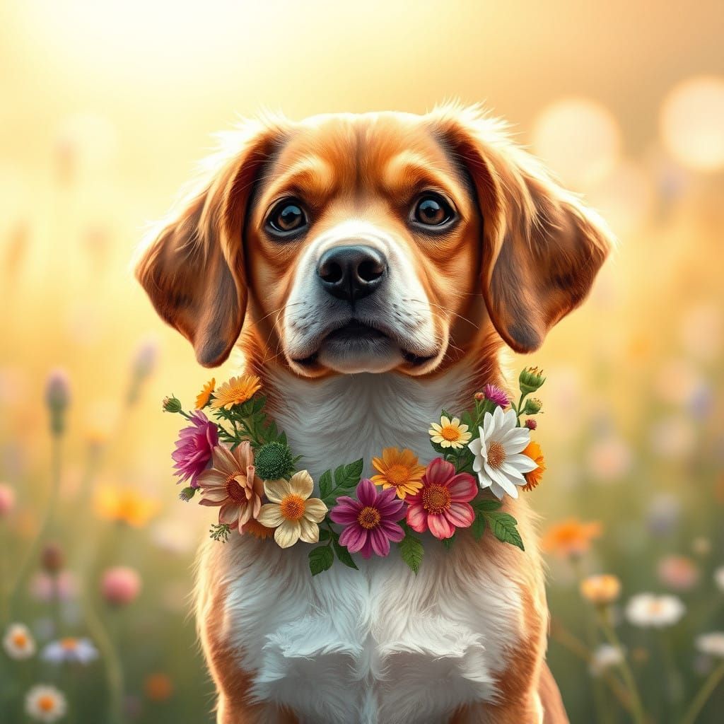 Whimsical Beagle in a Vibrant Floral Wreath