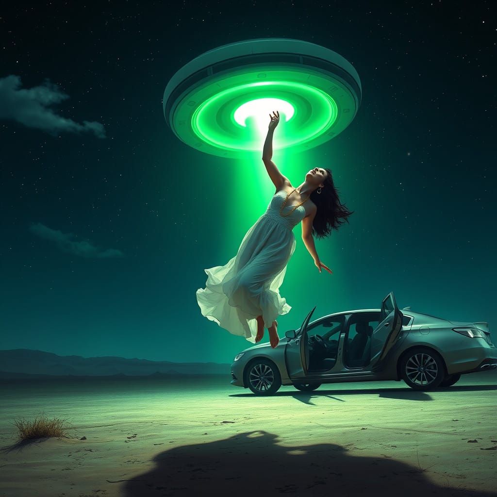 Woman Levitates into Vibrant Green Alien Light Beam