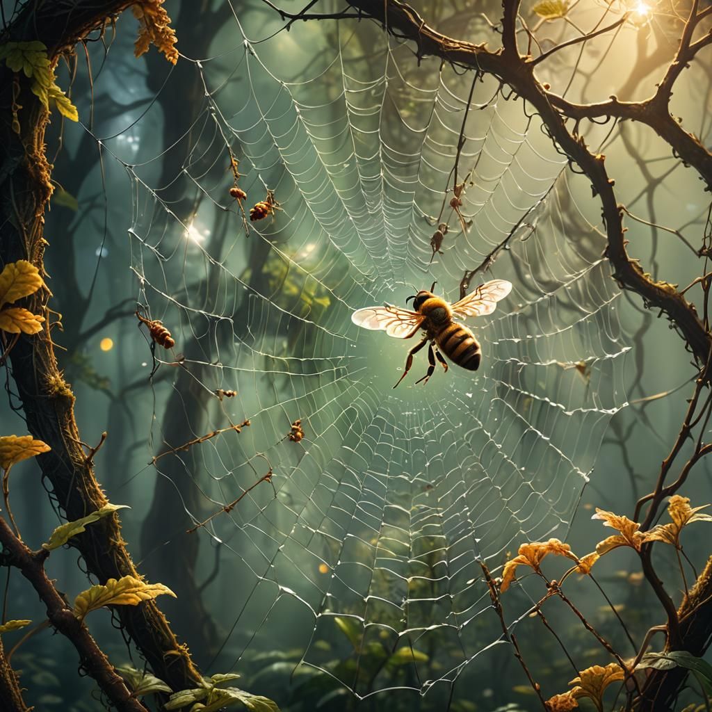 Honey Bee Entangled in Spiderweb, Fantasy Concept Art