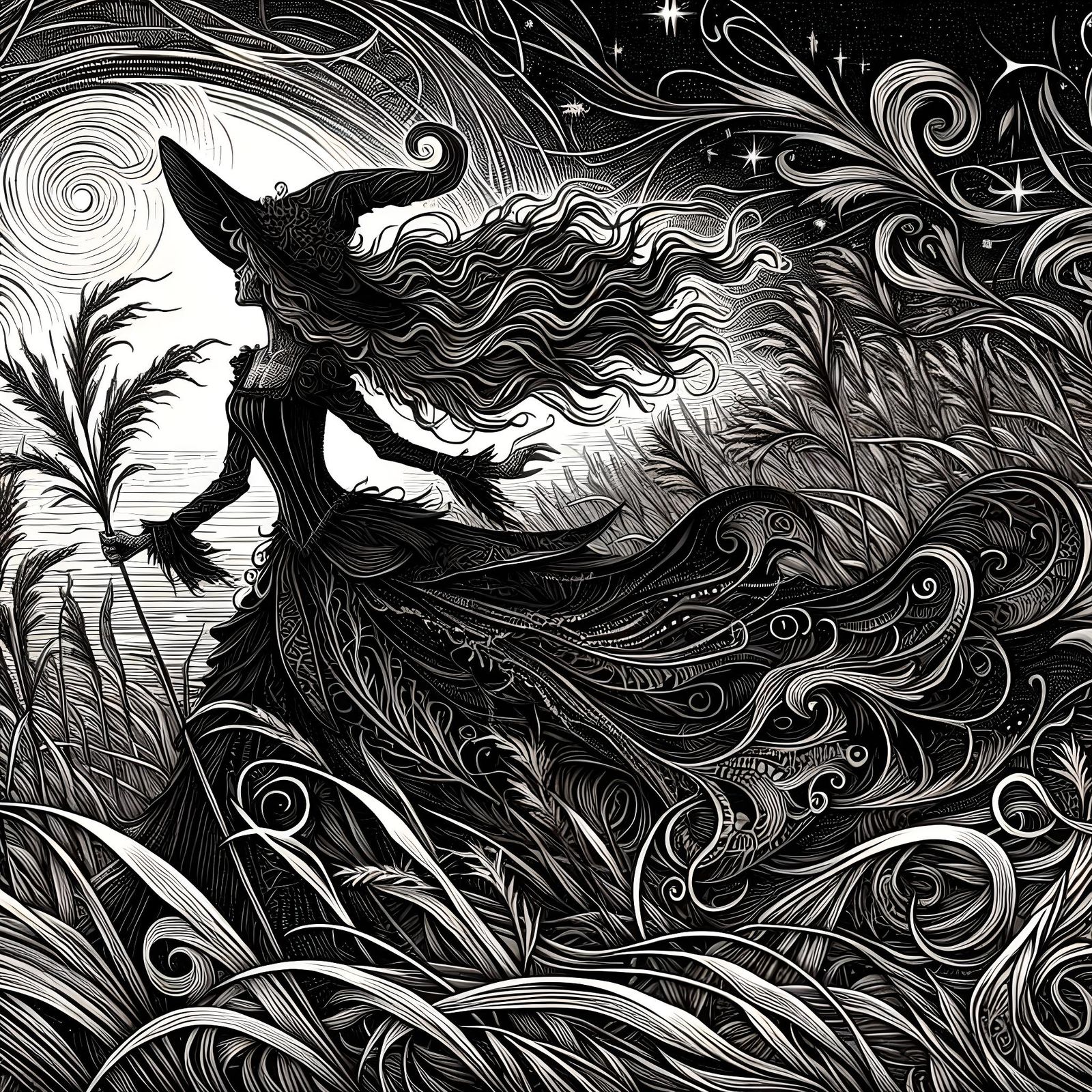 Gothic Witch in Starry Night Digital Painting