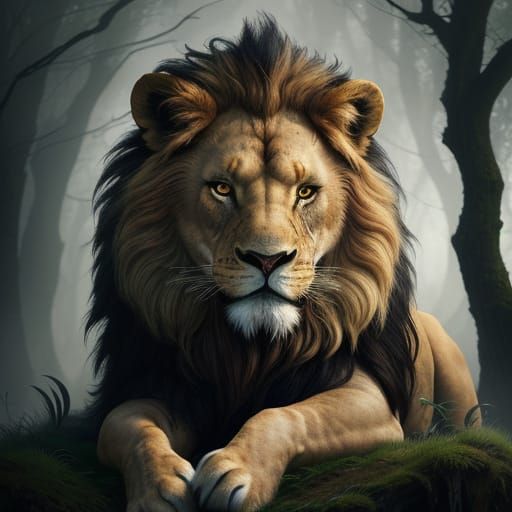 Regal, Iridescent Lion-Like Creature on Ancient Forest Thron...