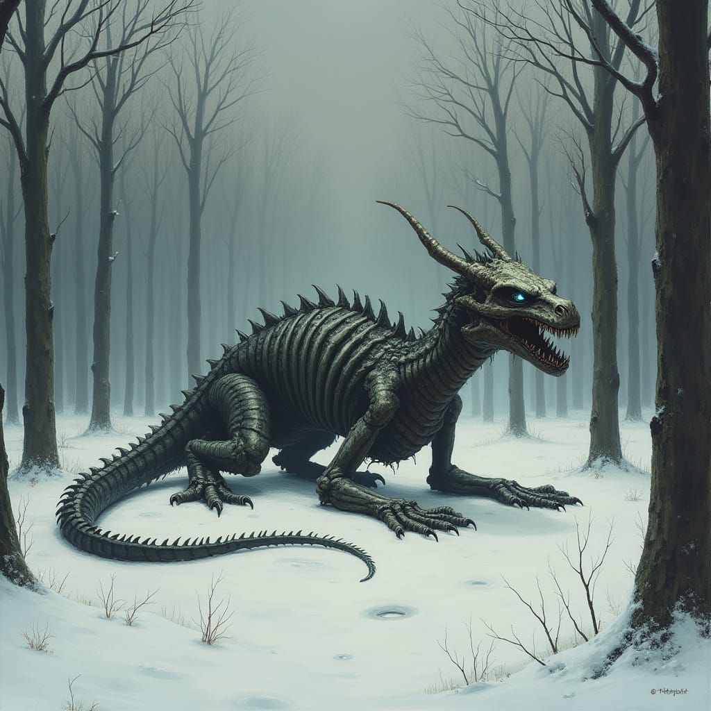 Skeletal Dragon Amidst Late Winter Desolation