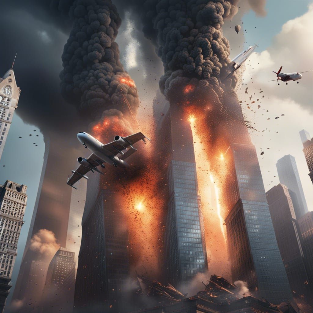 Plane Crashing into Twin Towers: Detailed Matte Painting