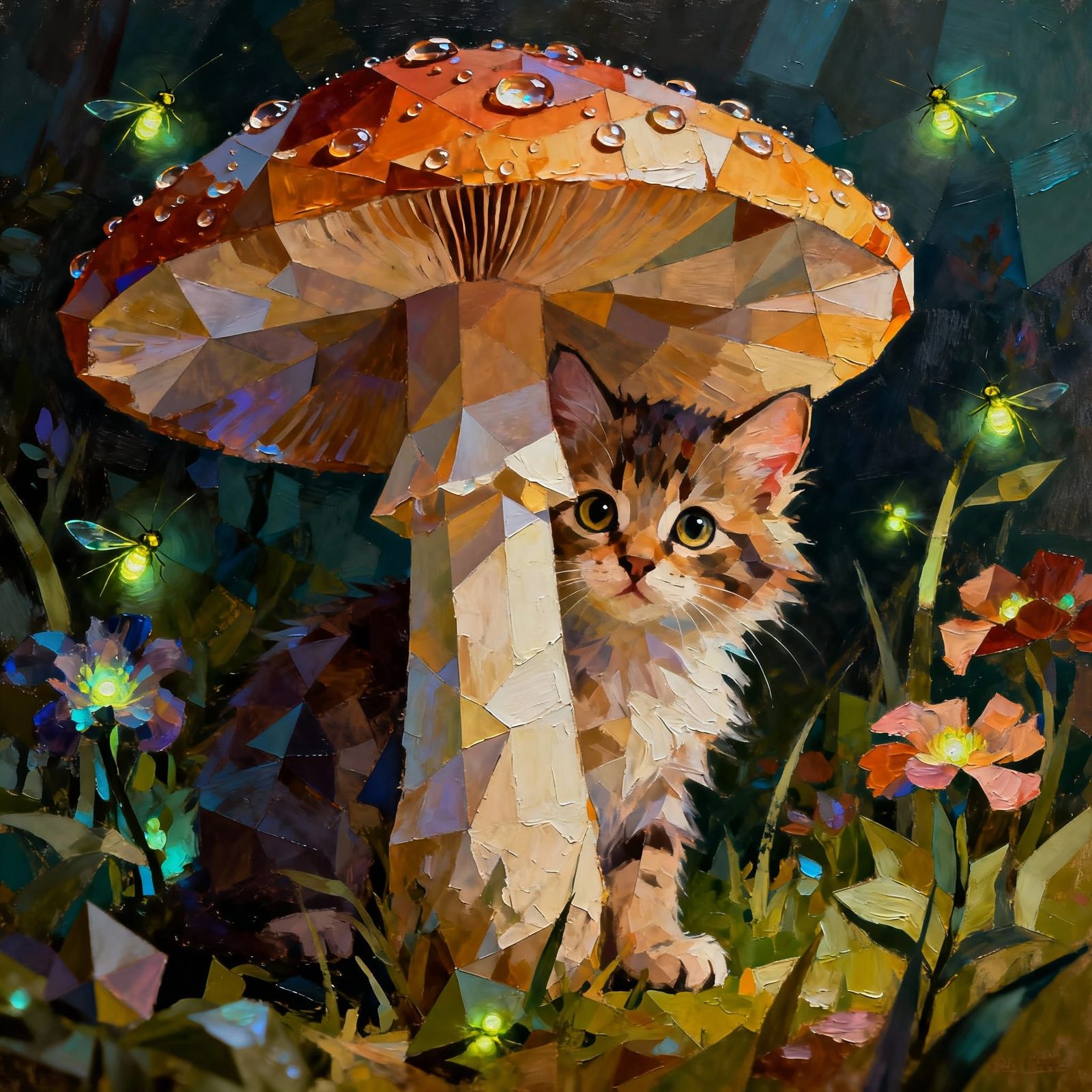 Fluffy Kitten Peeking from Giant Mushroom in Enchanted Garde...