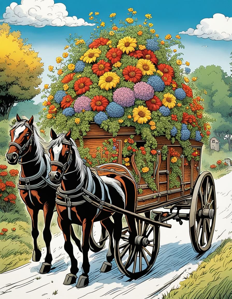 Horse-Drawn Coffin Cart in Tin-Tin Comic Style