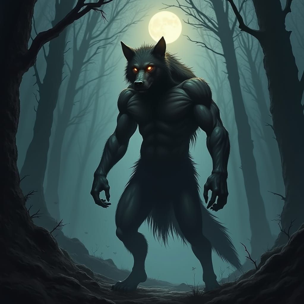 Dogman Creature in Moonlit Misty Forest