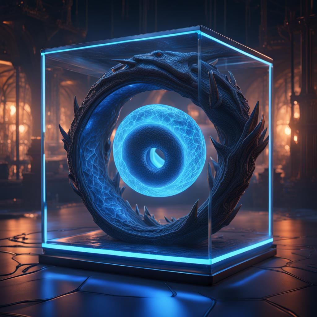 Glowing Ouroboros in Glass Cube, Fantasy Art