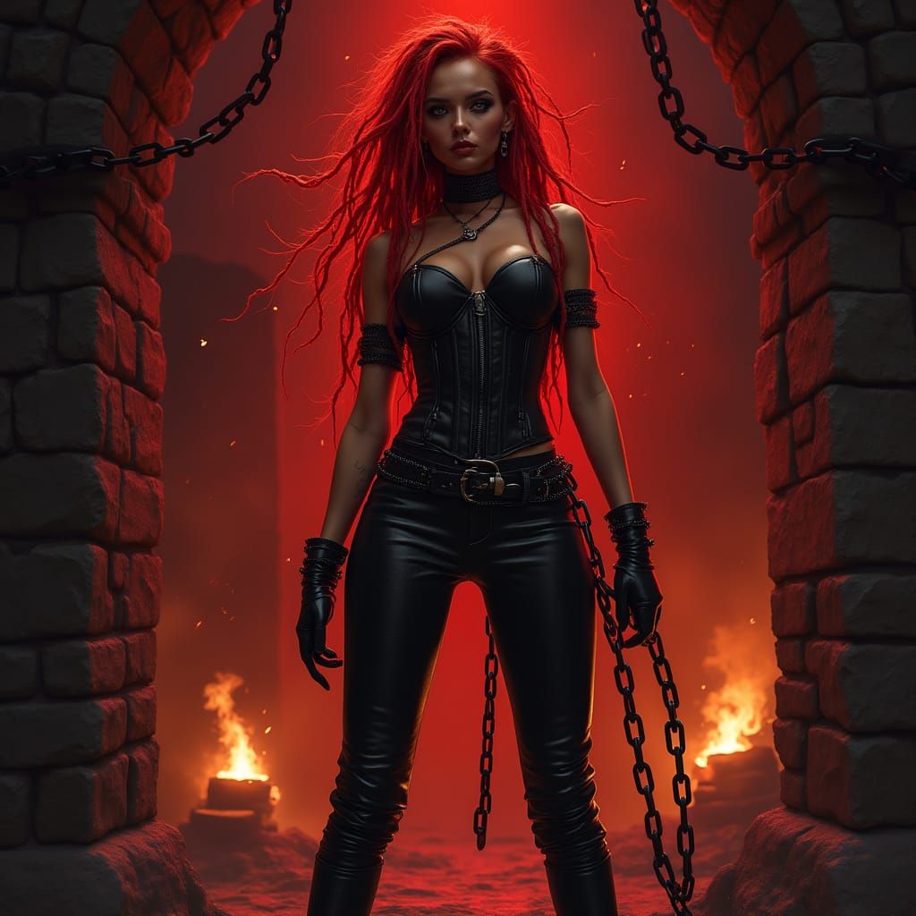 Dark Gothic Girl in Red Leather and Chains in a Dungeon