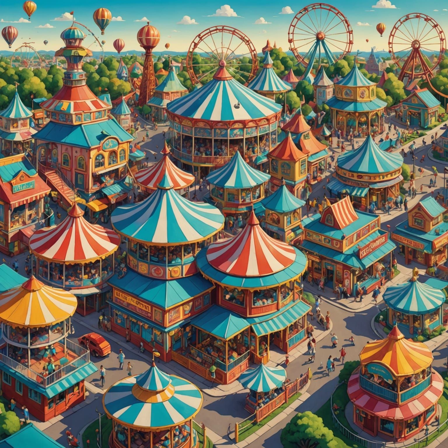 Surreal Rooftop Amusement Park Illustration