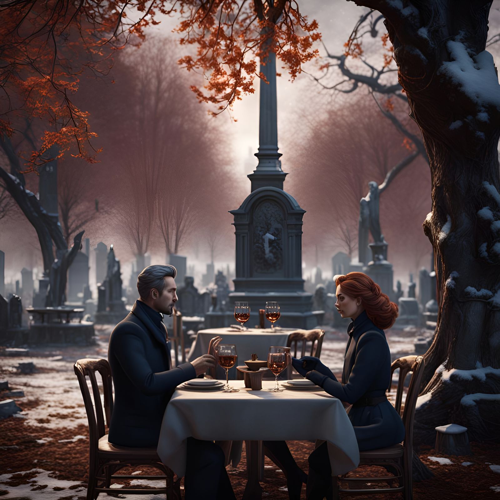 French Cafe Scene with Cemetery in Matte Painting
