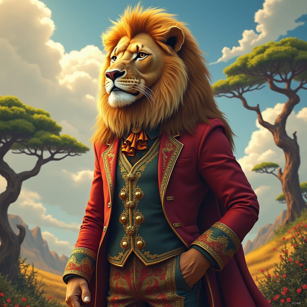 Regally Dressed Lion in Savannah Landscape