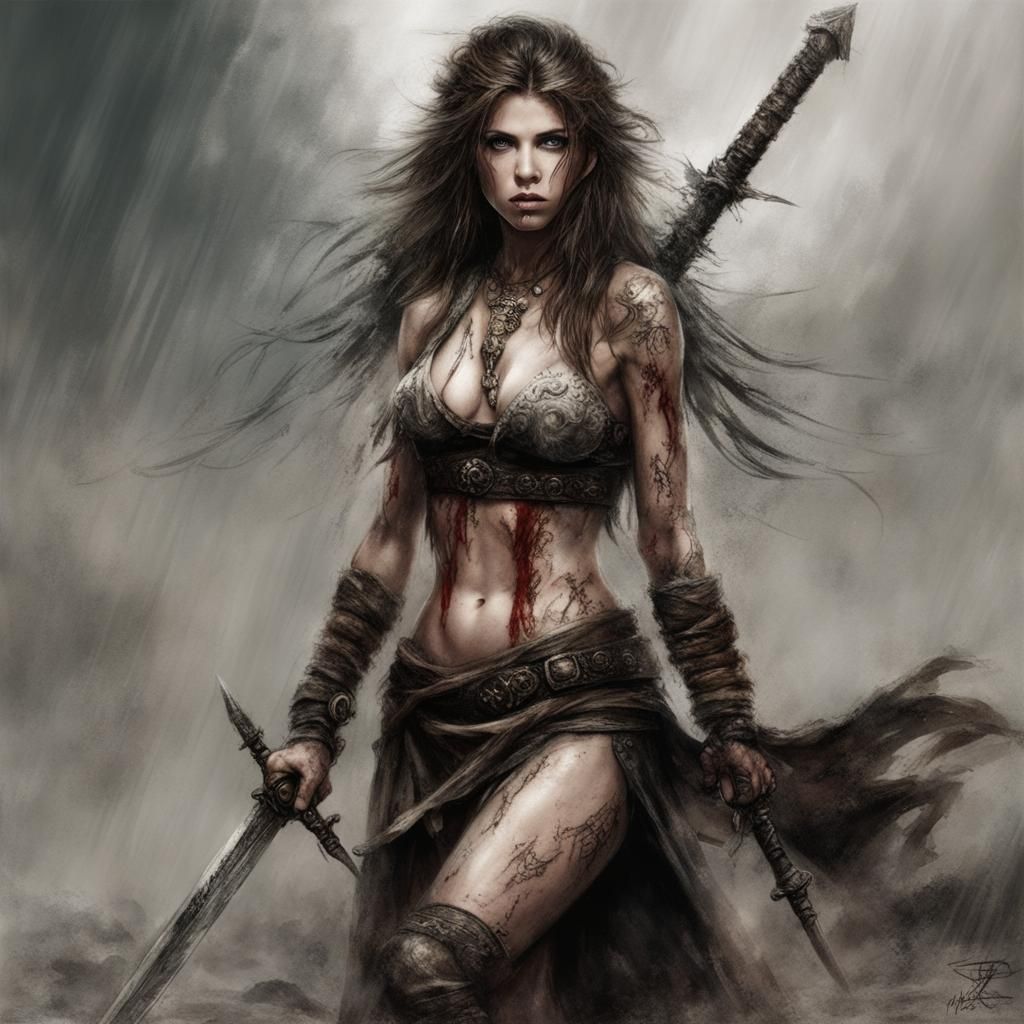 Barbarian Woman on Battlefield in Luis Royo Style