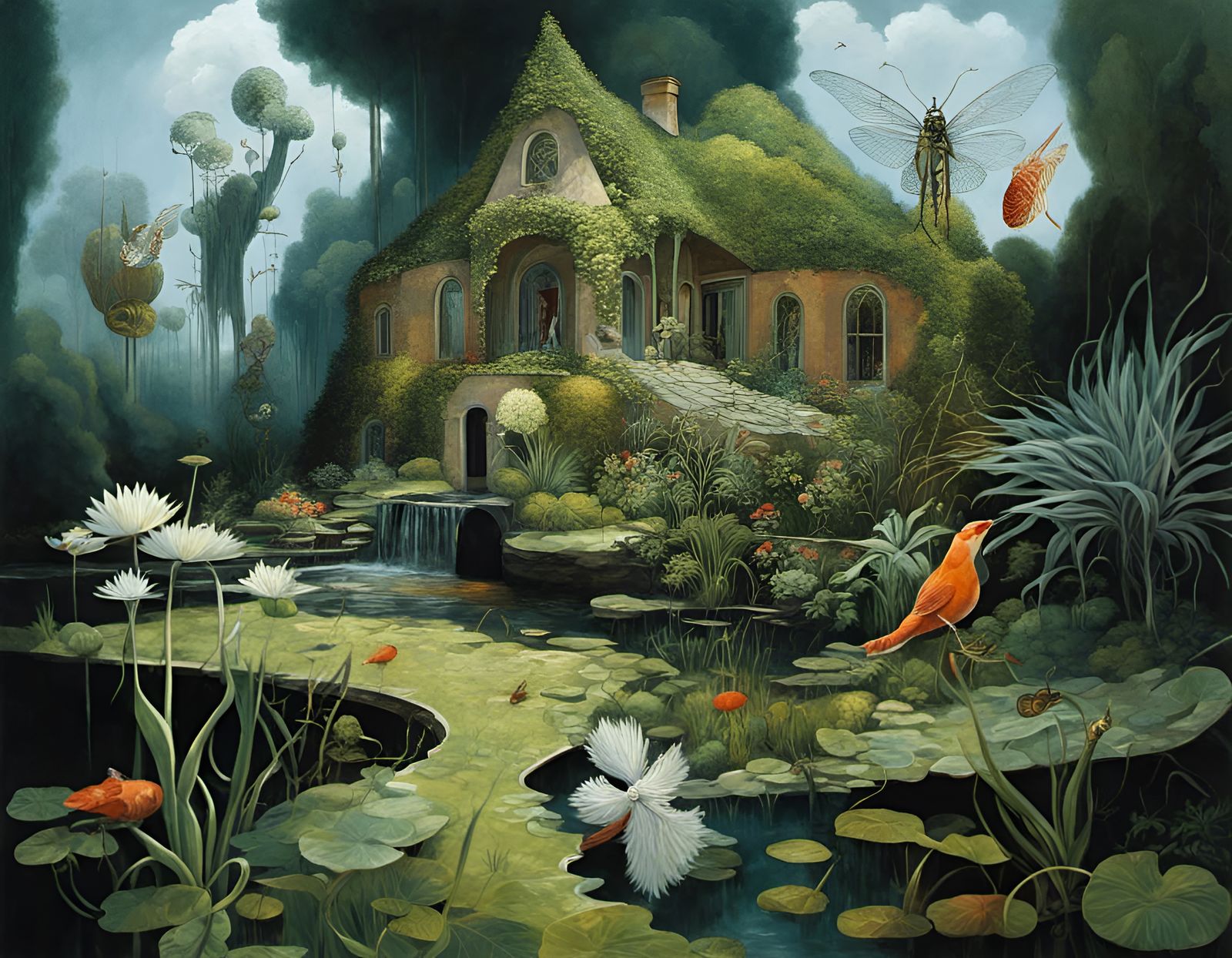 Lush Garden Country House with Surreal Celestial Rays