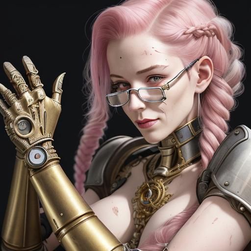 Artificer Woman Repairs Mechanism with Prosthetic Arm