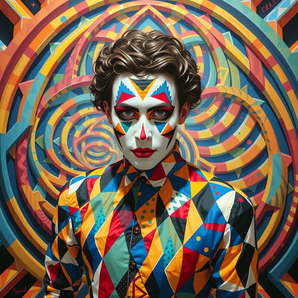 Harlequin in Hypnotic Maze of Geometric Patterns