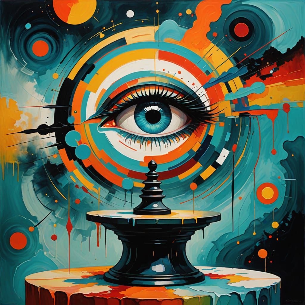 Mysterious Face Object on Pedestal in Vibrant Oil Painting