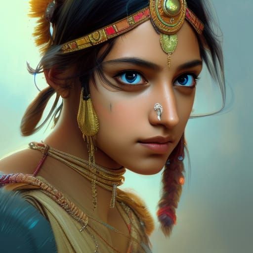 Detailed Portrait of Indian Girl in Art Nouveau Style