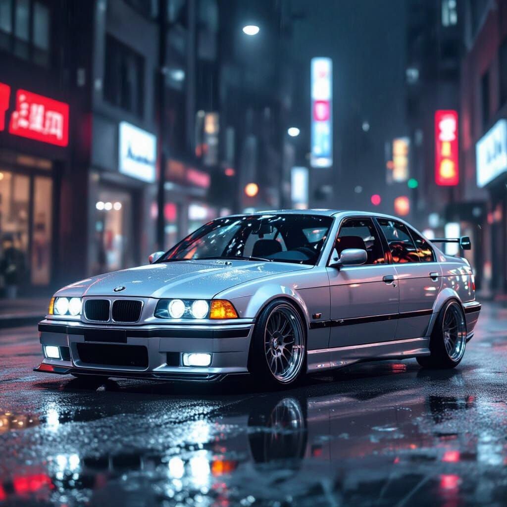 BMW E36 Sedan with M3 Bumpers on Wet Street