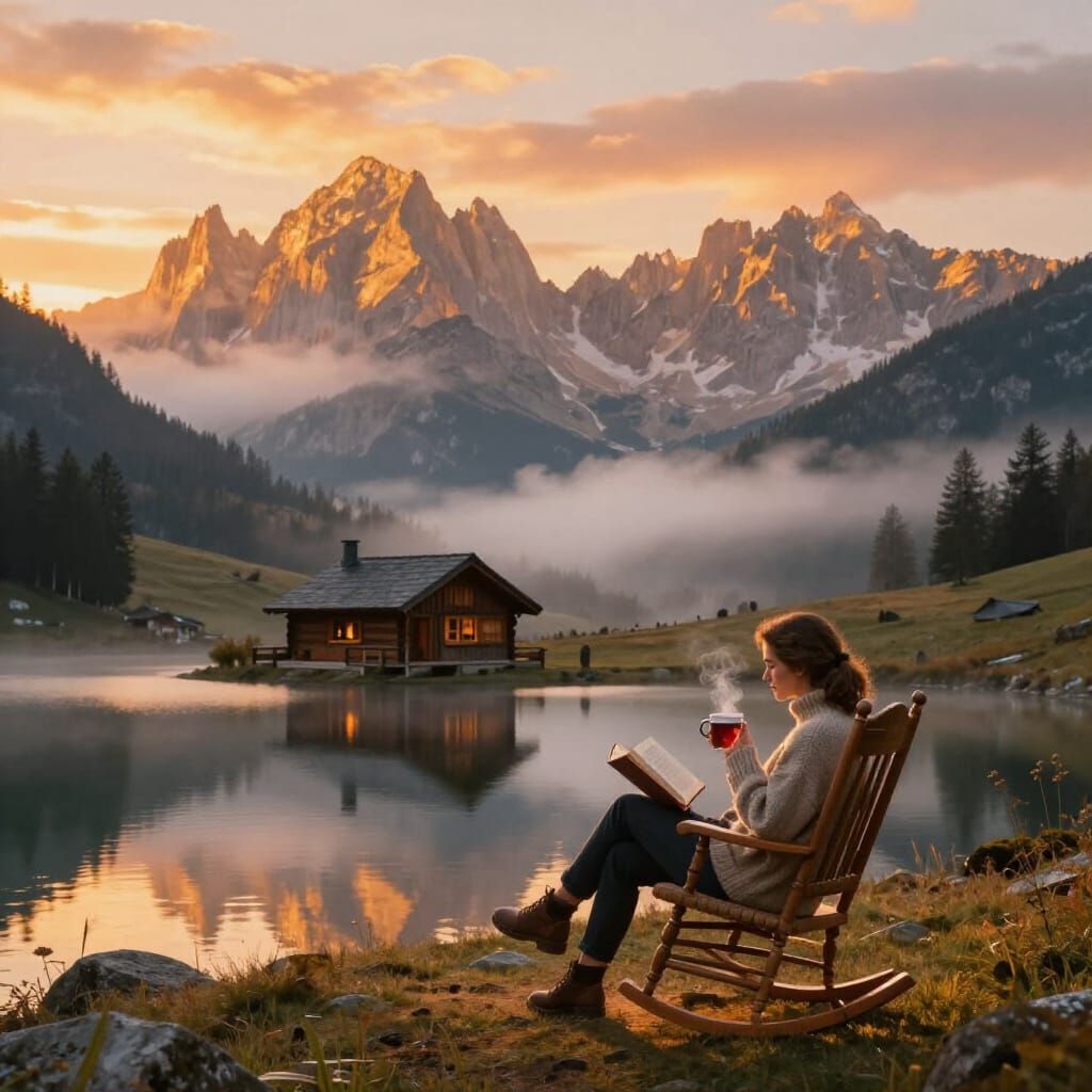 Cozy Mountain Cabin at Sunset, Woman Reading by Lake