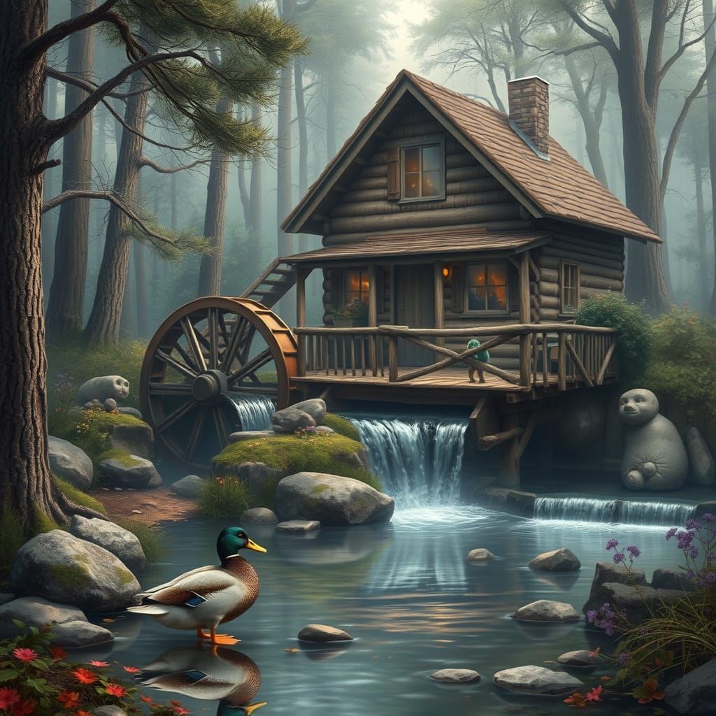 Ethereal Fantasy Scene with Duck and Rustic Waterwheel