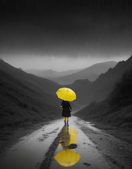 Woman in Yellow Walks Rainy Country Road