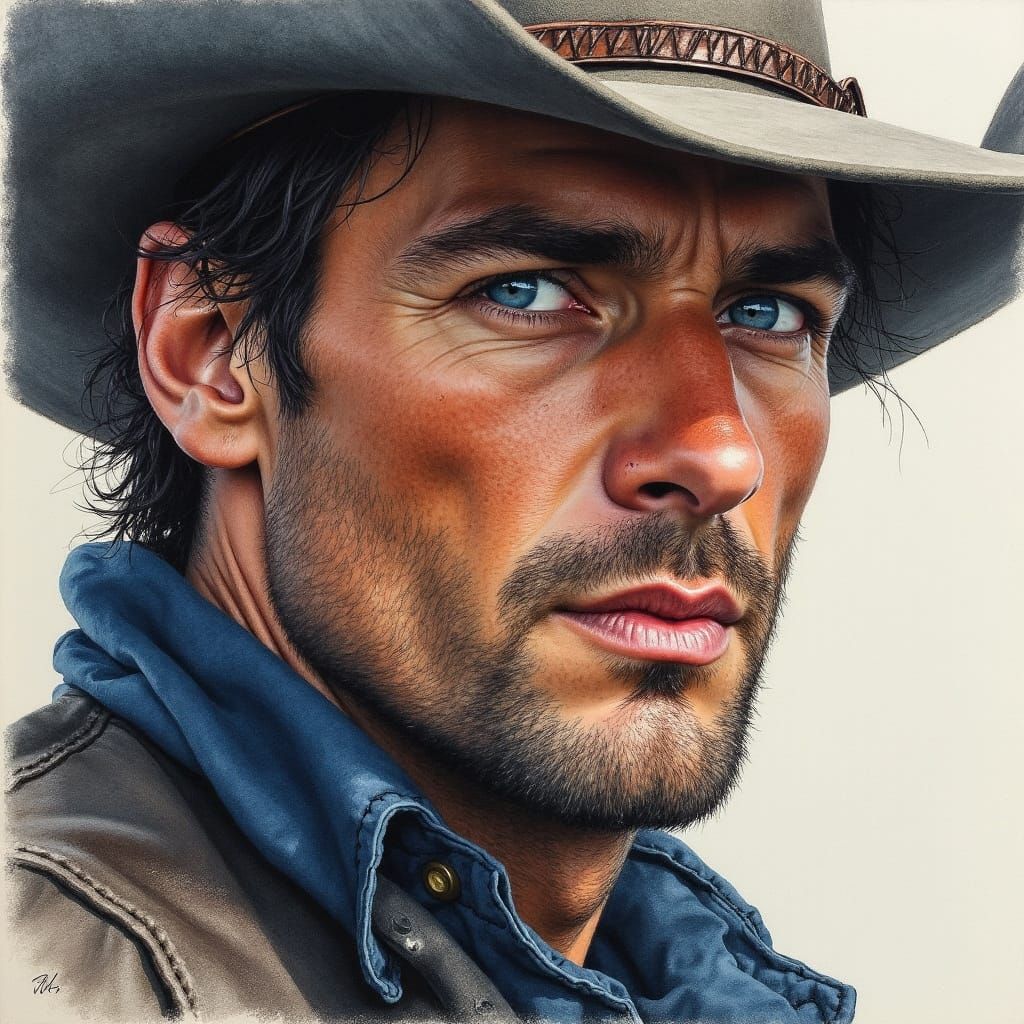 Rugged Cowboy Portrait with Alcohol Ink and Charcoal