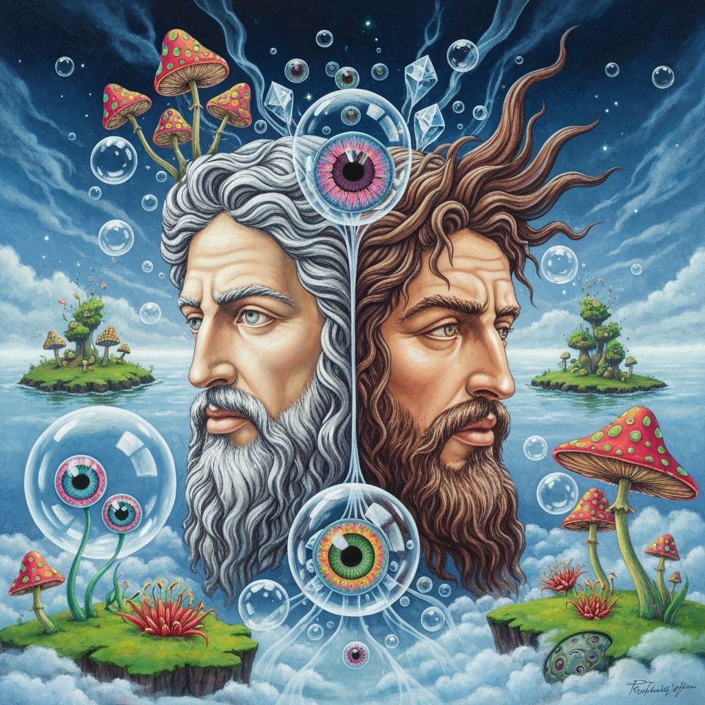 Mythic Faces Amidst Crystal Bubbles and Psychedelic Flora