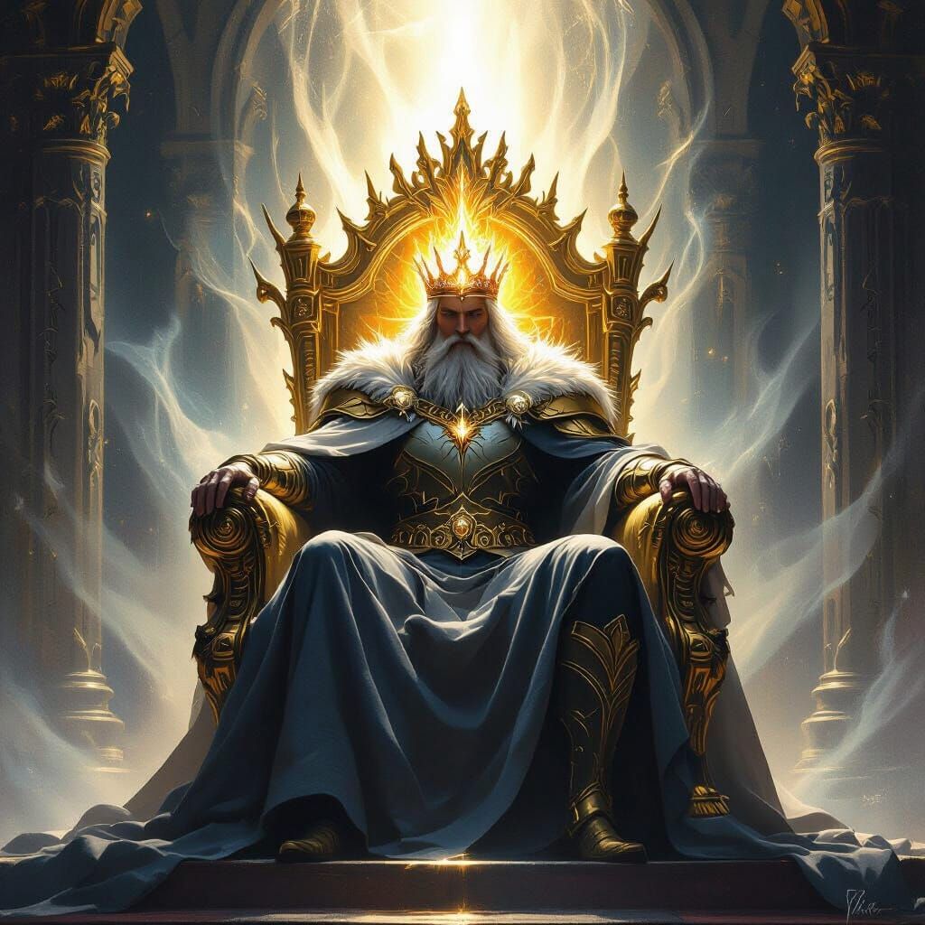 Majestic Fantasy King on Golden Throne in Mystical Light