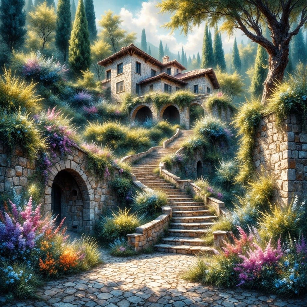 European Garden Stone House in Impressionistic Style