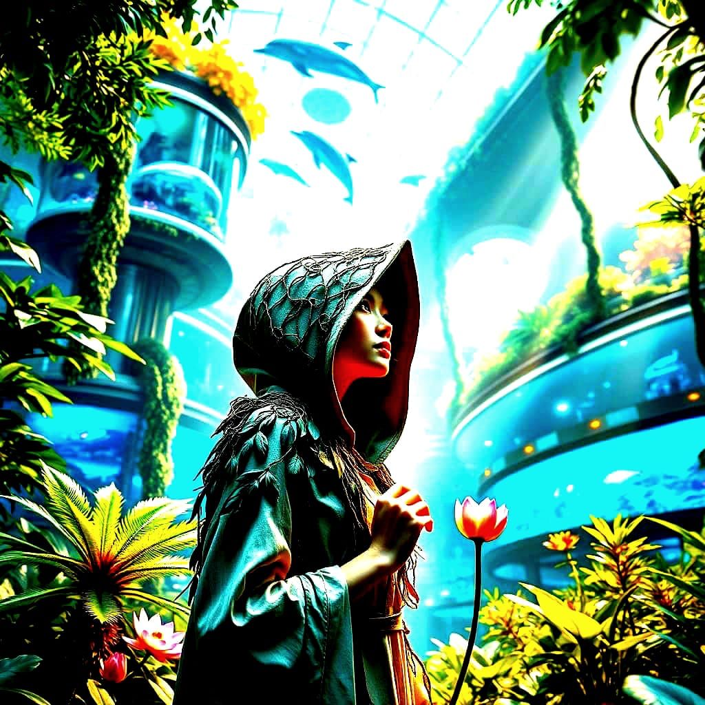 Utopian Jungle Cityscape with Asian Figure and Aquatic Wonde...