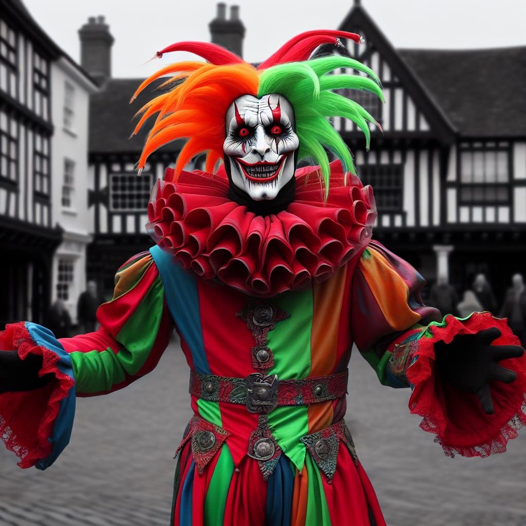 Colorful Jester in Grayscale Medieval Town Square