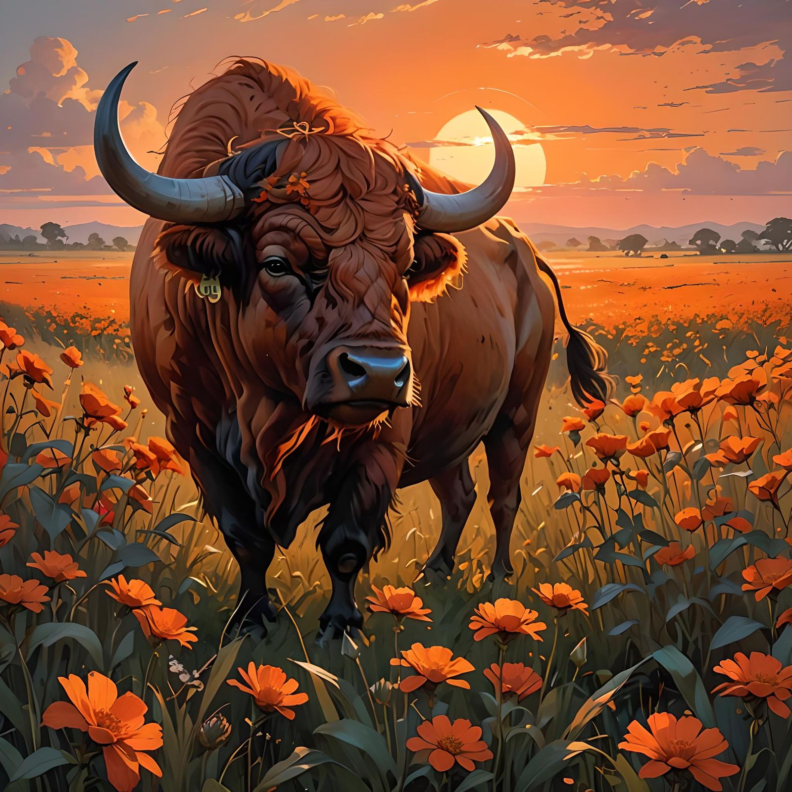 Red Buffalo in Sunset Field, Illustrative Artwork