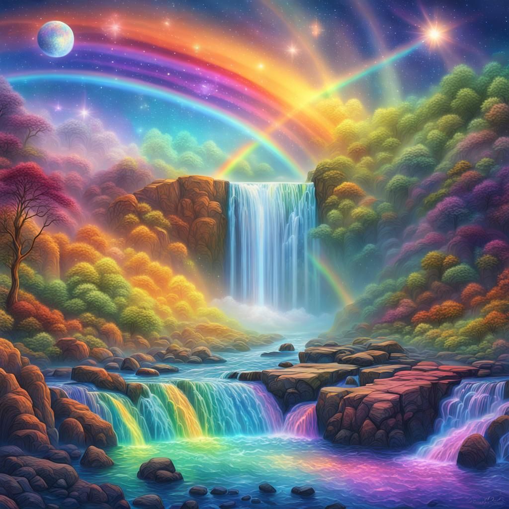 Rainbow Waterfall in Holographic Cosmic Art Style