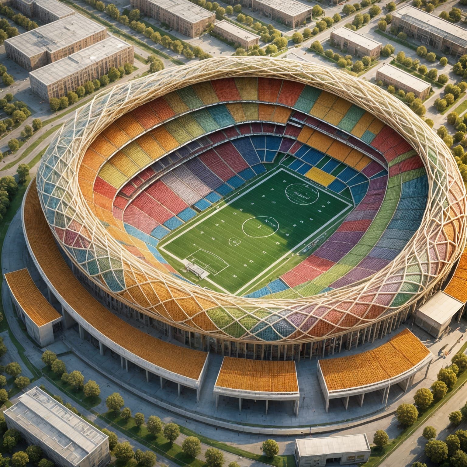 Surreal String Football Stadium in Vibrant Colors