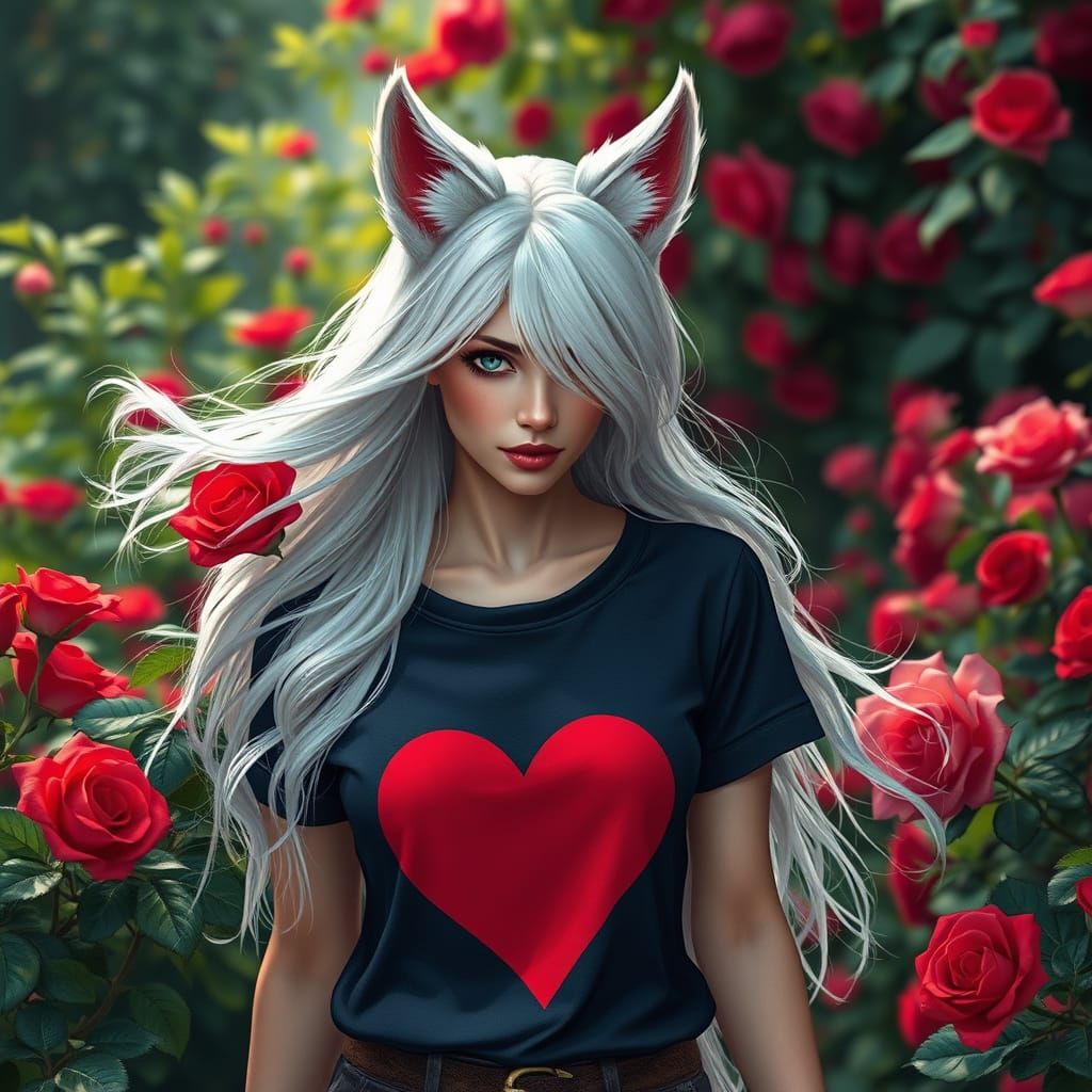 Glamorous Woman with Wolf Ears and Roses in a Vibrant Garden