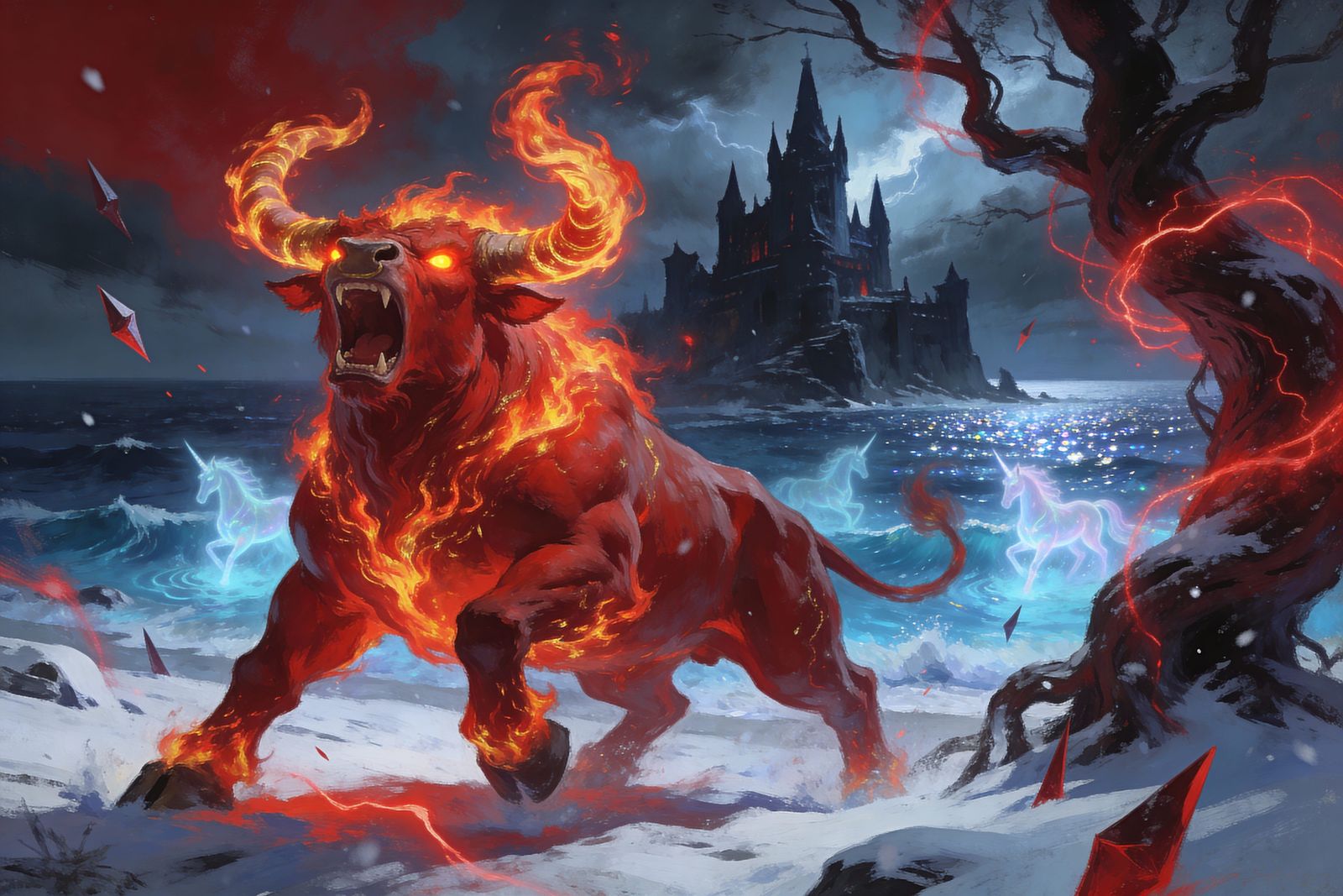 Fiery Red Bull Before Dark Castle in Epic Fantasy Scene