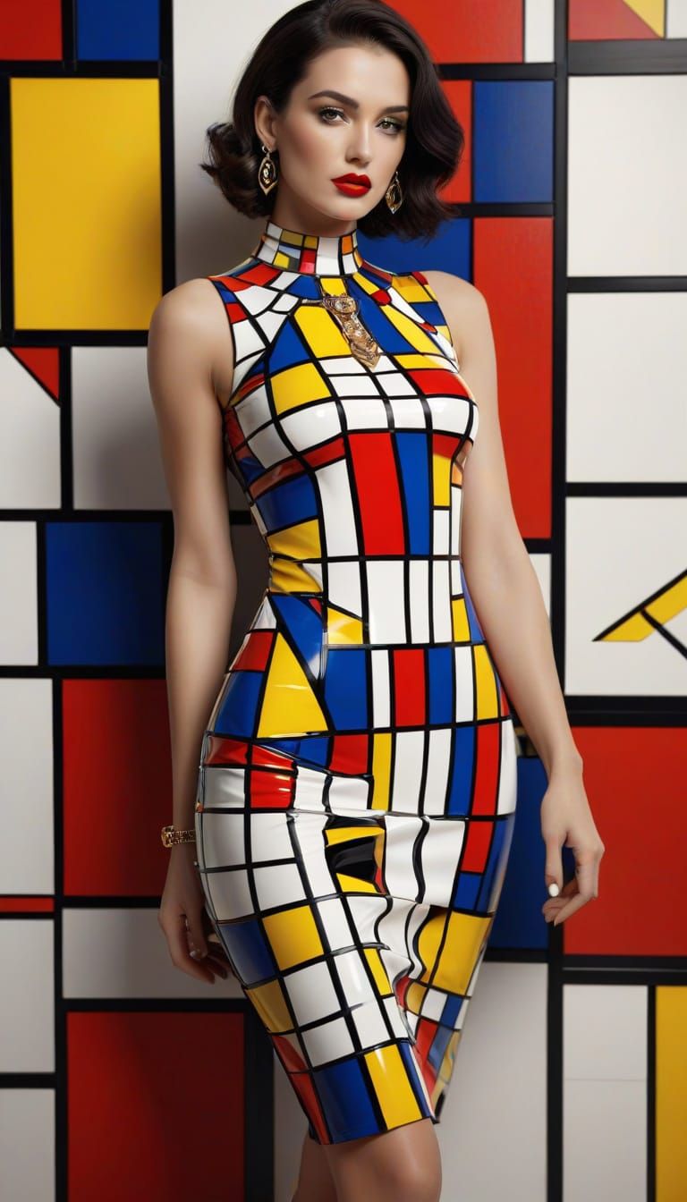 Abstract Woman in Mondrian-Inspired Dress, 8K Render
