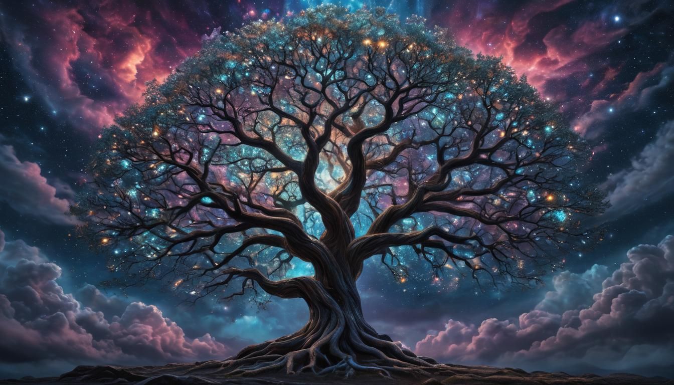 Bioluminescent Crystalline Tree with Kaleidoscopic Colors