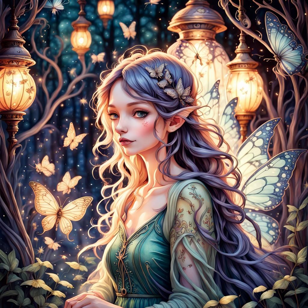 Fairy with Lantern and Butterflies in Watercolor Style