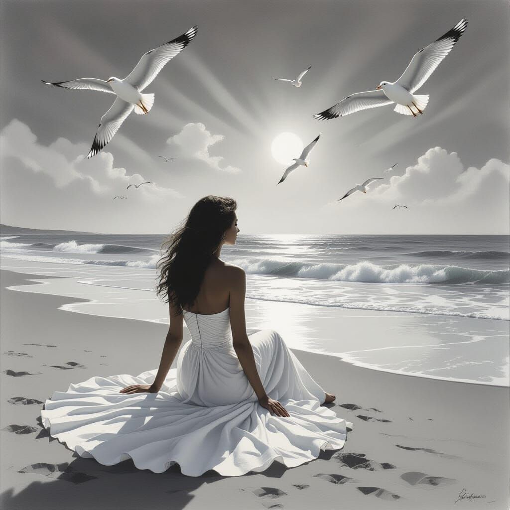 Woman on Beach with Seagulls in Charcoal Drawing Style